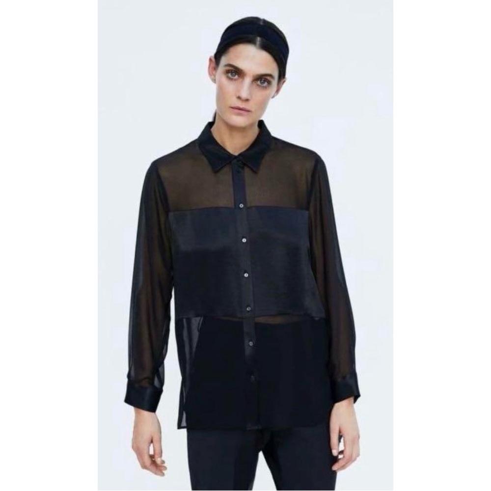 Zara Sheer Combination Blouse Top Size Small